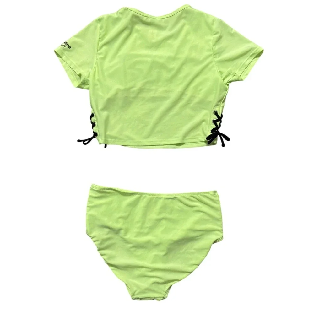 Justice Sport Girls Neon Lime Green‎ Lace Up 2 Piece Swimsuit Set XL 16/18
